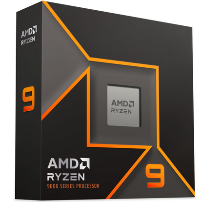 AMD Ryzen 9 9900X processor with Radeon graphics packaging, featuring the AMD Ryzen logo and 9000 series branding.