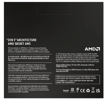 Back packaging of AMD Ryzen 9 9900X processor with Radeon graphics, showcasing product details and specifications.