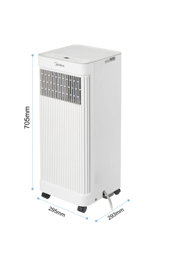 Midea portable air conditioner 7000 BTU, featuring a compact design and dimensions of 705mm height, 295mm width, and 233mm depth.
