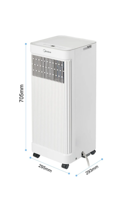 Midea portable air conditioner 7000 BTU, featuring a compact design and dimensions of 705mm height, 295mm width, and 233mm depth.