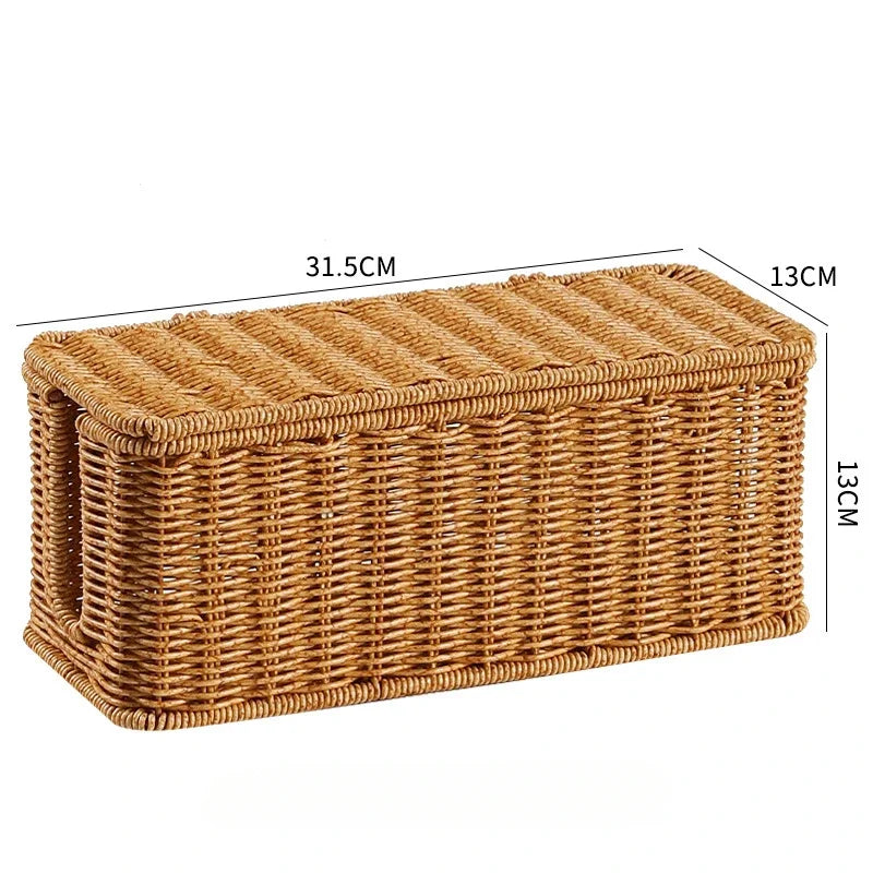 Handmade rattan wire management box for desk organization, measuring 31.5CM x 13CM x 13CM.