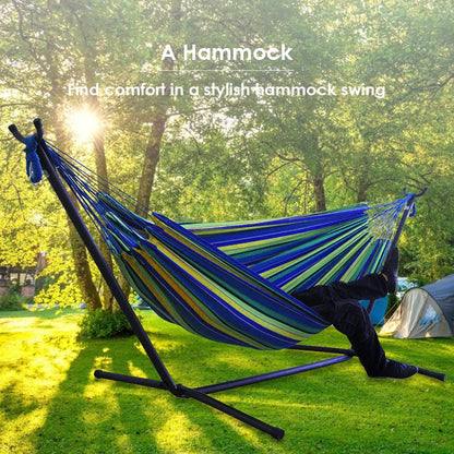 Double Hammock wStand 2-People Hammock & Stand in a sunny outdoor setting with vibrant colors.