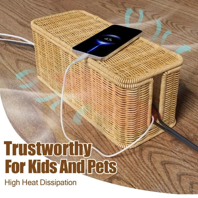 Handmade rattan wire management box for desk organization, protecting kids and pets while ensuring heat dissipation.