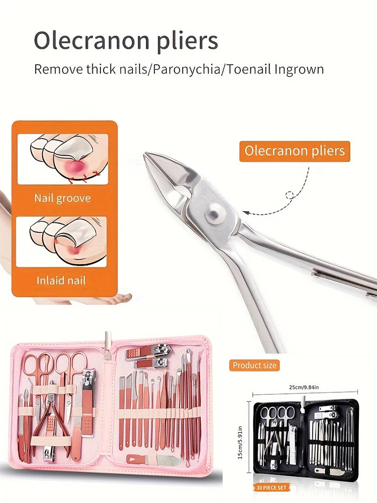 7/30pcs travel manicure set tools with olecranon pliers for removing thick nails and toenail ingrown.