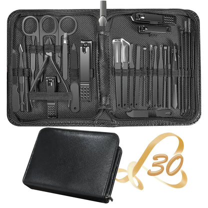 7/30pcs travel manicure set tools in a sleek black carrying case for easy organization and portability.