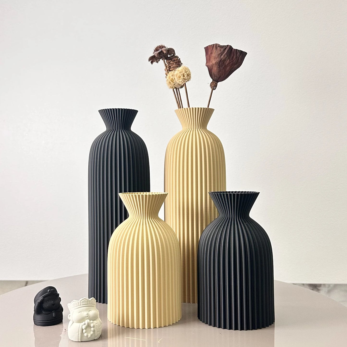 2-Piece Set of Wavy Pattern Art Dry Vase Dried Flower Vase displayed with dried flowers on a minimalist tabletop.