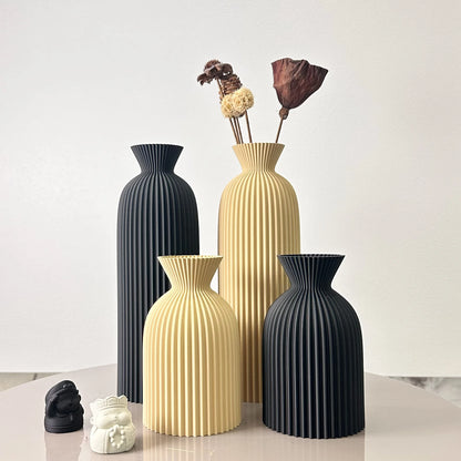 2-Piece Set of Wavy Pattern Art Dry Vase Dried Flower Vase displayed with dried flowers on a minimalist tabletop.