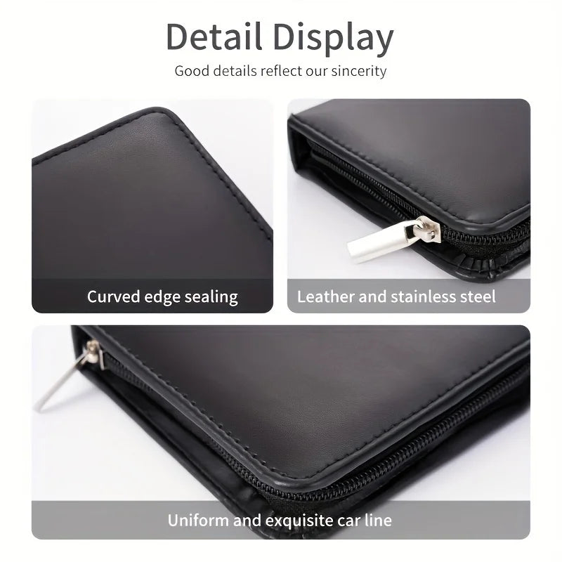 Detail display of travel manicure set tools showcasing curved edge sealing and leather with stainless steel details.