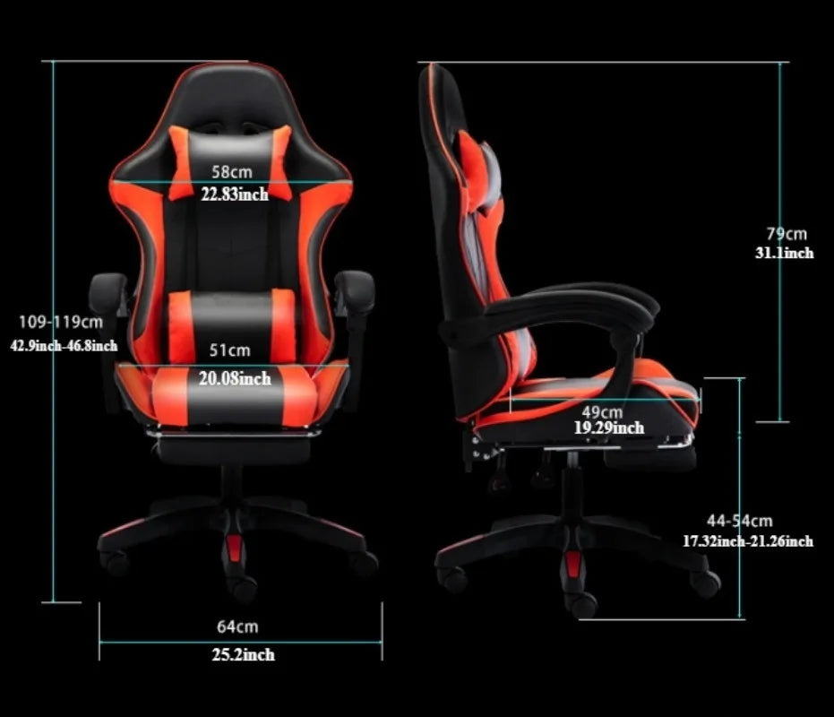 Ergonomic gaming chair with lumbar support dimensions shown in black and red design from side and back view.