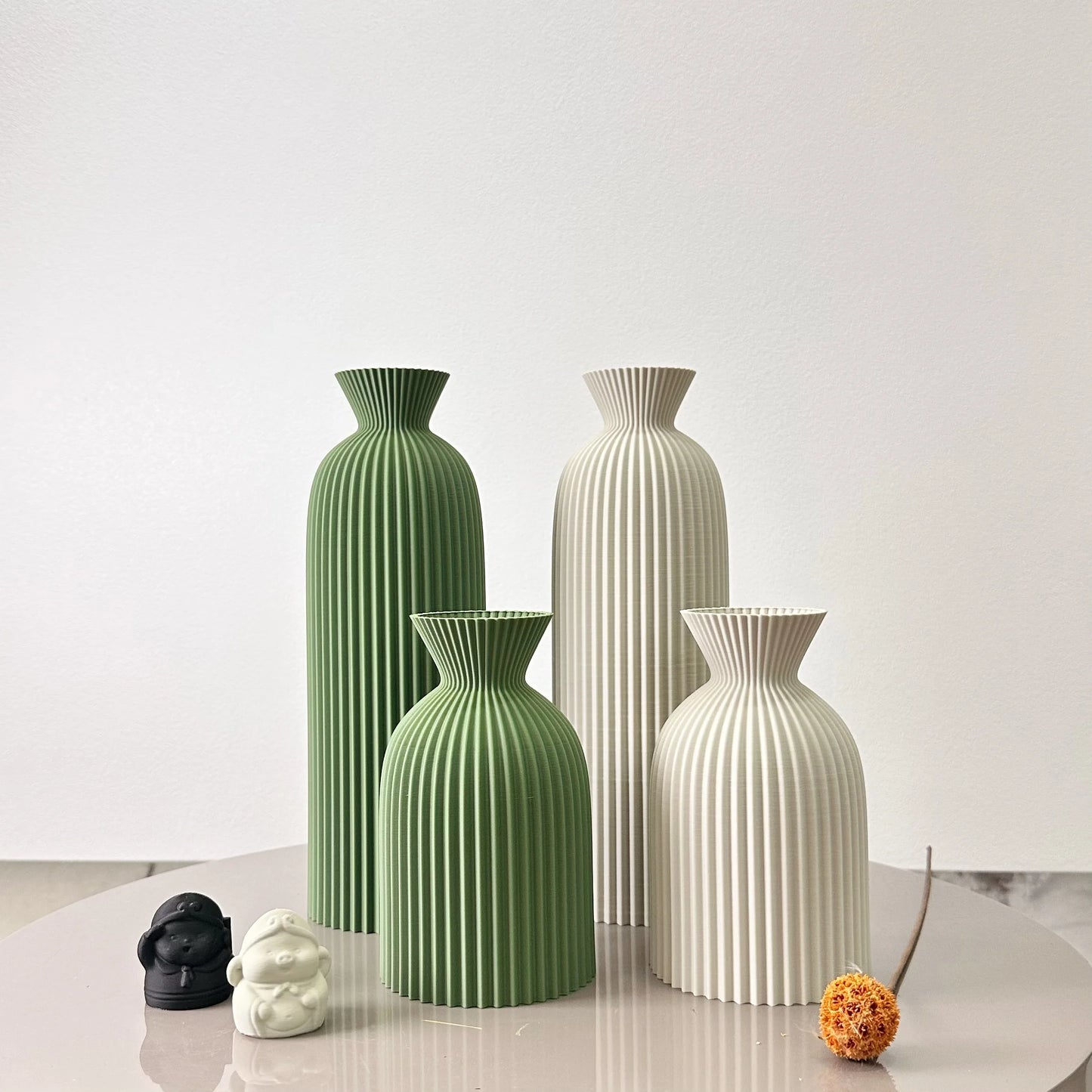2-Piece Set of Wavy Pattern Art Dry Vase Dried Flower Vase, decorative vases in green and white for home decor.