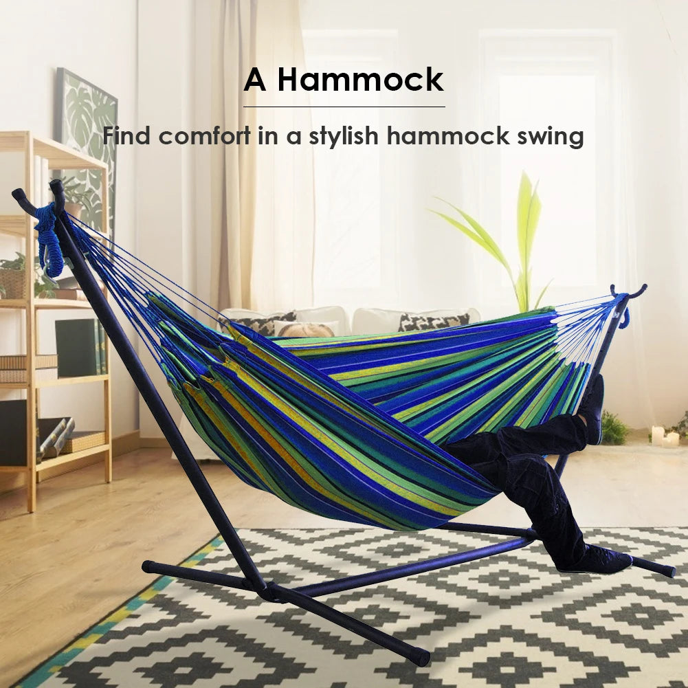 Double Hammock w/Stand, 2-People Hammock & Stand for comfortable relaxation in a stylish setting.