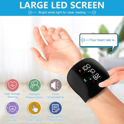 Digital blood pressure monitor with large LED screen showcasing automatic blood pressure monitoring features.