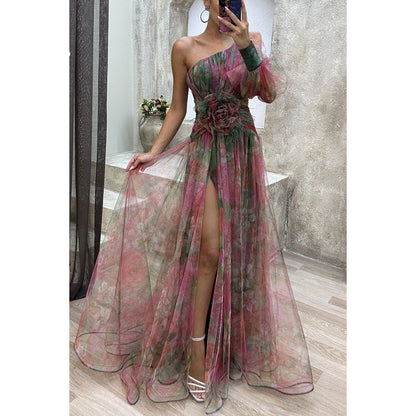 Mesh Tie-dye Printed Off-shoulder Slit Dress Summer INS Fashion Long Dress Party Womens Clothing - HYPERMALL