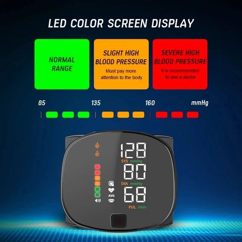 LED color screen display of Korean Digital Rechargeable Wrist Blood Pressure Monitor indicating blood pressure levels, best blood pressure monitor for home.