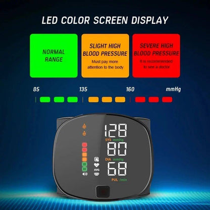 LED color screen display of Korean Digital Rechargeable Wrist Blood Pressure Monitor indicating blood pressure levels, best blood pressure monitor for home.