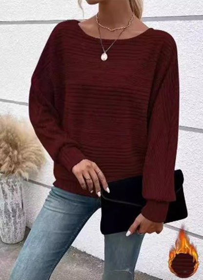 Solid Striped Batwing Sleeves T-shirt Fashion Casual Pullover Round Neck Long Sleeve Top Spring And Autumn Women's Clothing - HYPERMALL