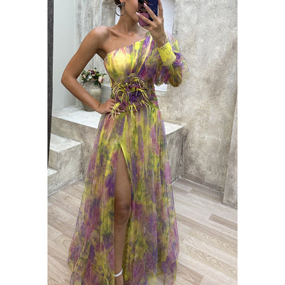 Mesh Tie-dye Printed Off-shoulder Slit Dress Summer INS Fashion Long Dress Party Womens Clothing - HYPERMALL