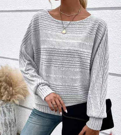 Solid Striped Batwing Sleeves T-shirt Fashion Casual Pullover Round Neck Long Sleeve Top Spring And Autumn Women's Clothing - HYPERMALL