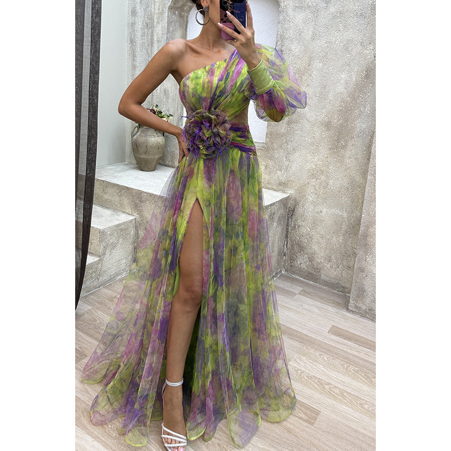 Mesh Tie-dye Printed Off-shoulder Slit Dress Summer INS Fashion Long Dress Party Womens Clothing - HYPERMALL