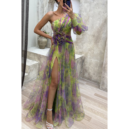 Mesh Tie-dye Printed Off-shoulder Slit Dress Summer INS Fashion Long Dress Party Womens Clothing - HYPERMALL