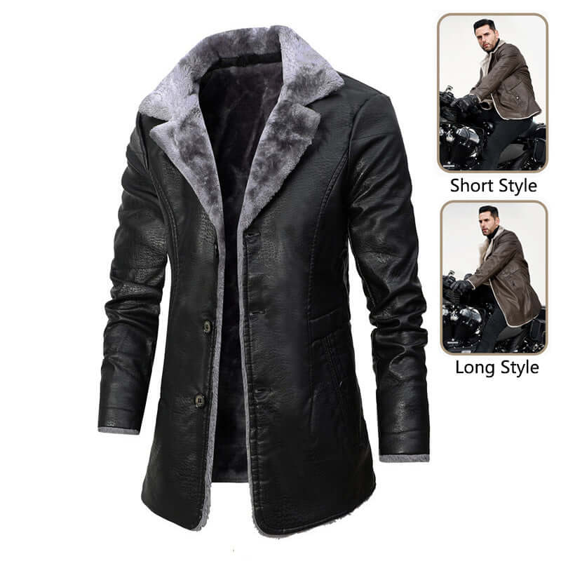 Plush Lapel Leather Jacket Winter Warm Fleece Single-breasted Coat For Men Long Clothing - HYPERMALL