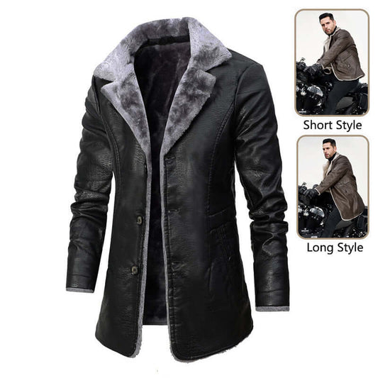 Plush Lapel Leather Jacket Winter Warm Fleece Single-breasted Coat For Men Long Clothing - HYPERMALL