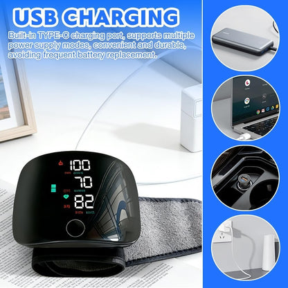 USB charging port on digital blood pressure monitor with display for automatic blood pressure monitoring.