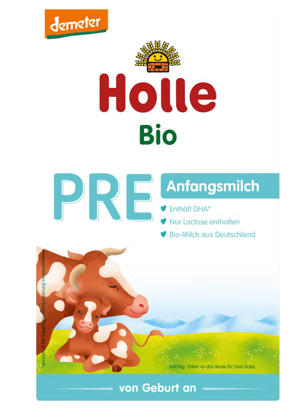 Organic Infant Formula Based on Cow's Milk PRE 400 g packaging with cow graphics and product details.